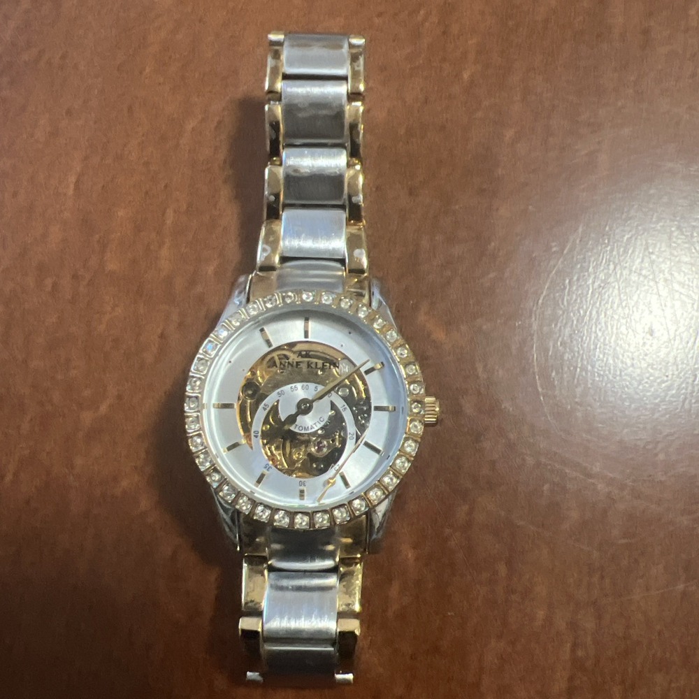 Ann Klein Watch 6-7" Silver, Gold, Jeweled Accents